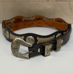 Wright Vintage Gray Leather Belt with Silver Conchos and Cream Woven Accents, 30